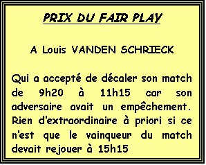 Zone de Texte: PRIX DU FAIR PLAY

A Louis VANDEN SCHRIECK

Qui a accept de dcaler son match de 9h20  11h15 car son adversaire avait un empchement. Rien dextraordinaire  priori si ce nest que le vainqueur du match devait rejouer  15h15
